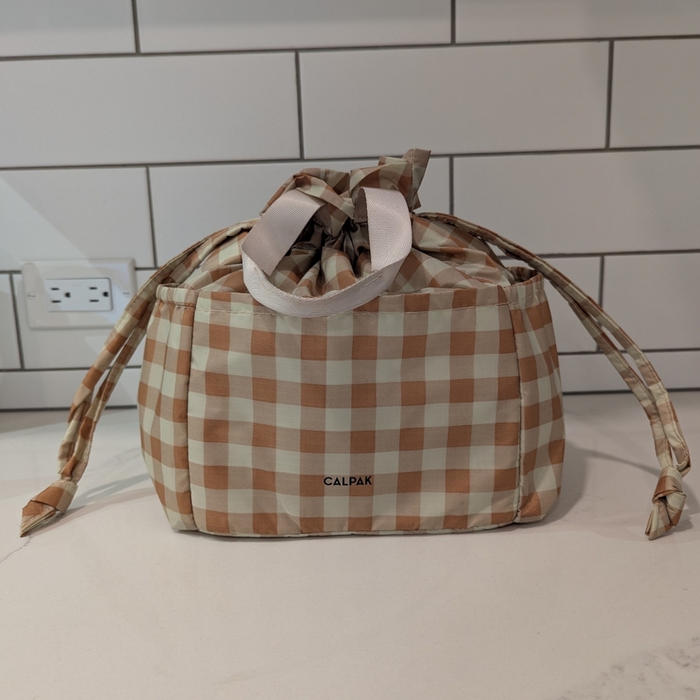 CALPAK Insulated Lunch Bag Gingham Neutral Check Drawstring Cute Work Tote